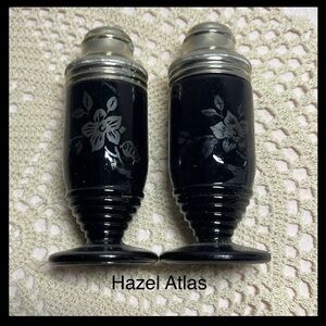 Vintage Hazel Atlas Black Amethyst Salt and Pepper with Sterling Silver inlay